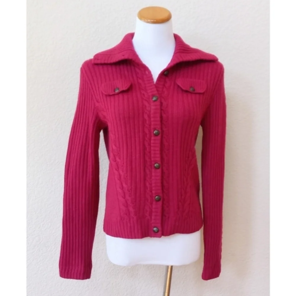 Talbots fuchsia 100% wool ribbed military style cardigan sweater - Picture 1 of 6